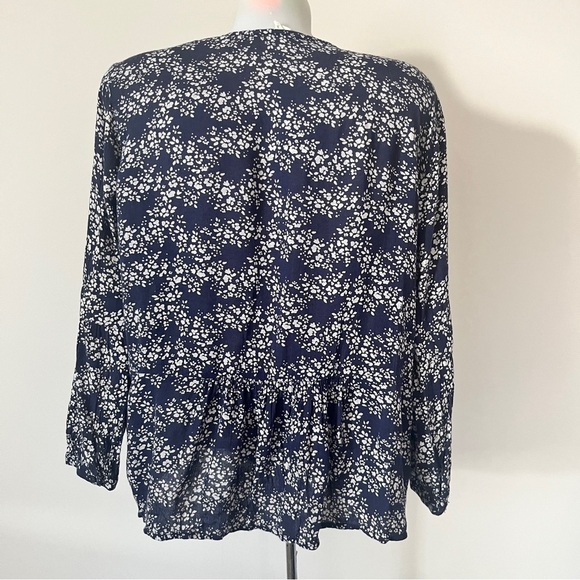 Caslon Blouse V Neck Floral Peasant Top Boho Tassle Long Sleeve Shirt  Blue Sz M - Picture 2 of 12